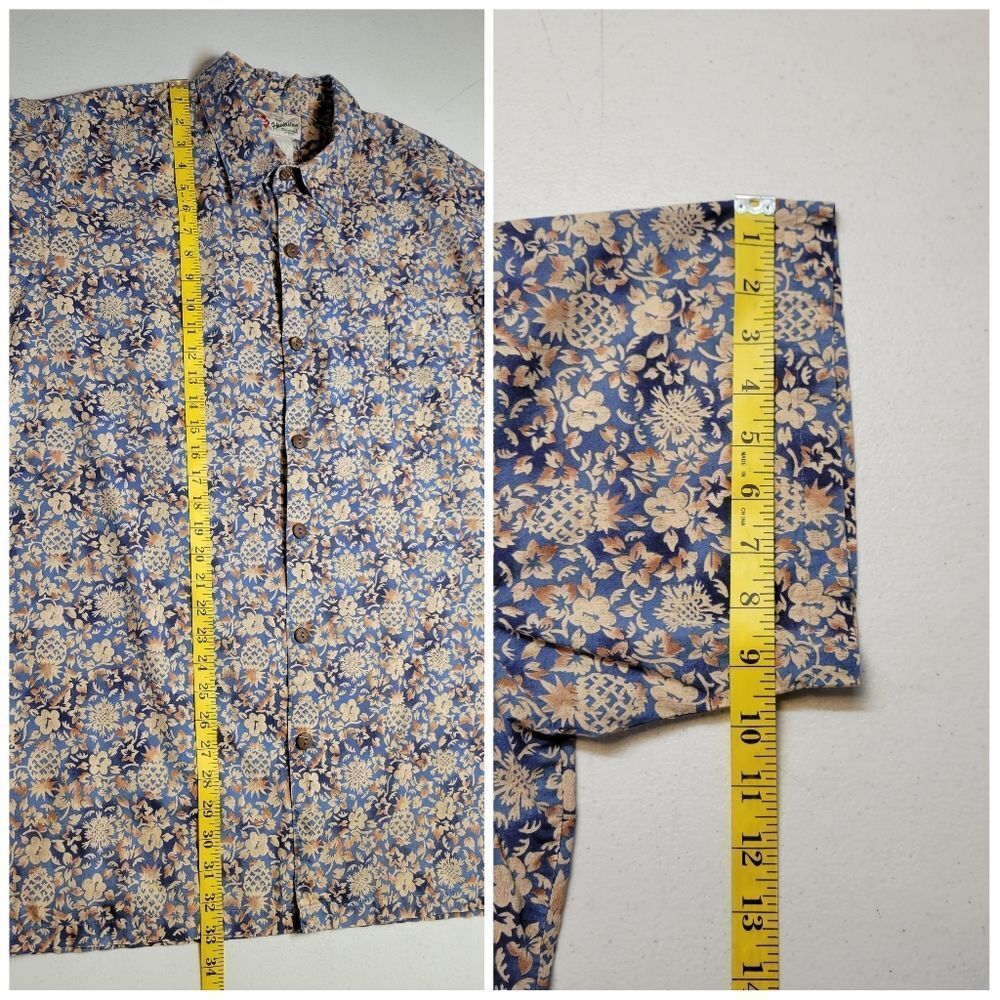 Hilo Hattie Vintage Floral Blue Cream and Brown Men's Hawaiian Button Up Shirt - Picture 9 of 11